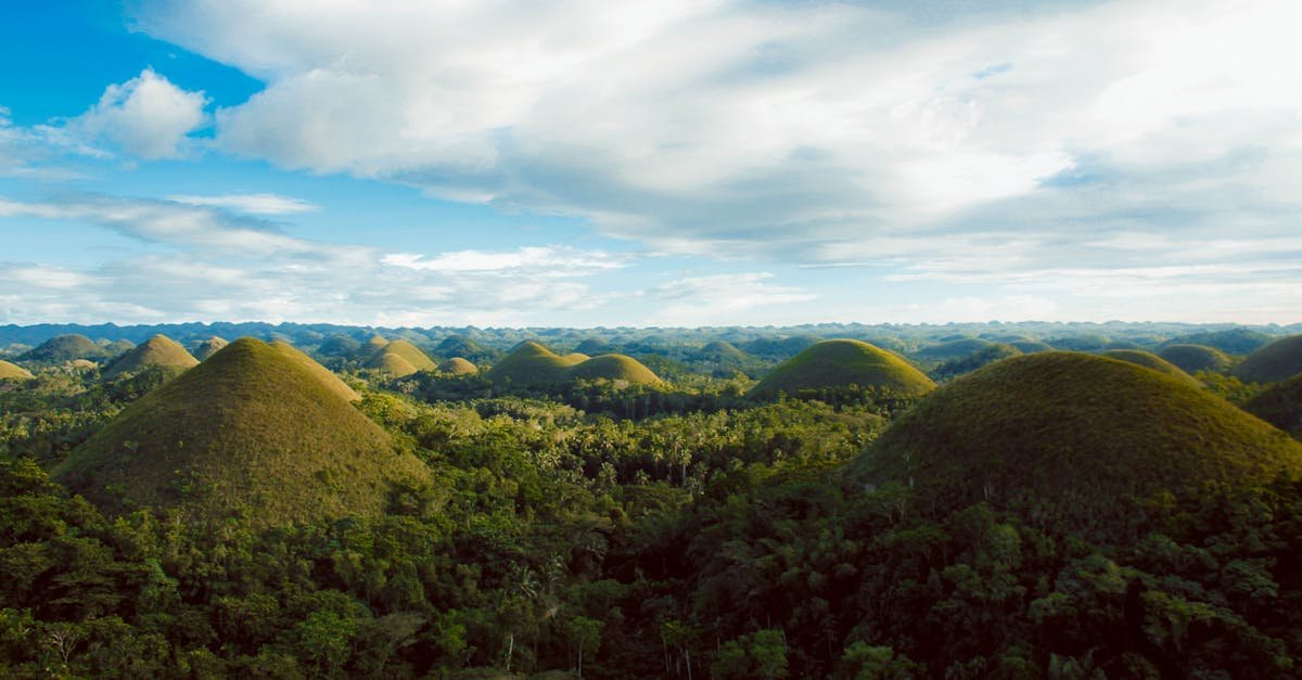 Scenic aerial view of the iconic Chocolate Hills in Bohol, lush landscape under a clear blue sky.